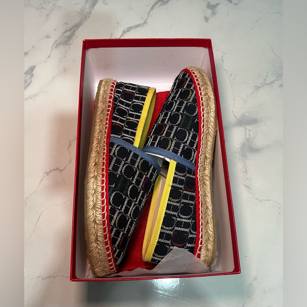 CH Carolina Herrera Navy/Colorful Espadrilles with Logo Pattern 💙❤️💛💚🤍